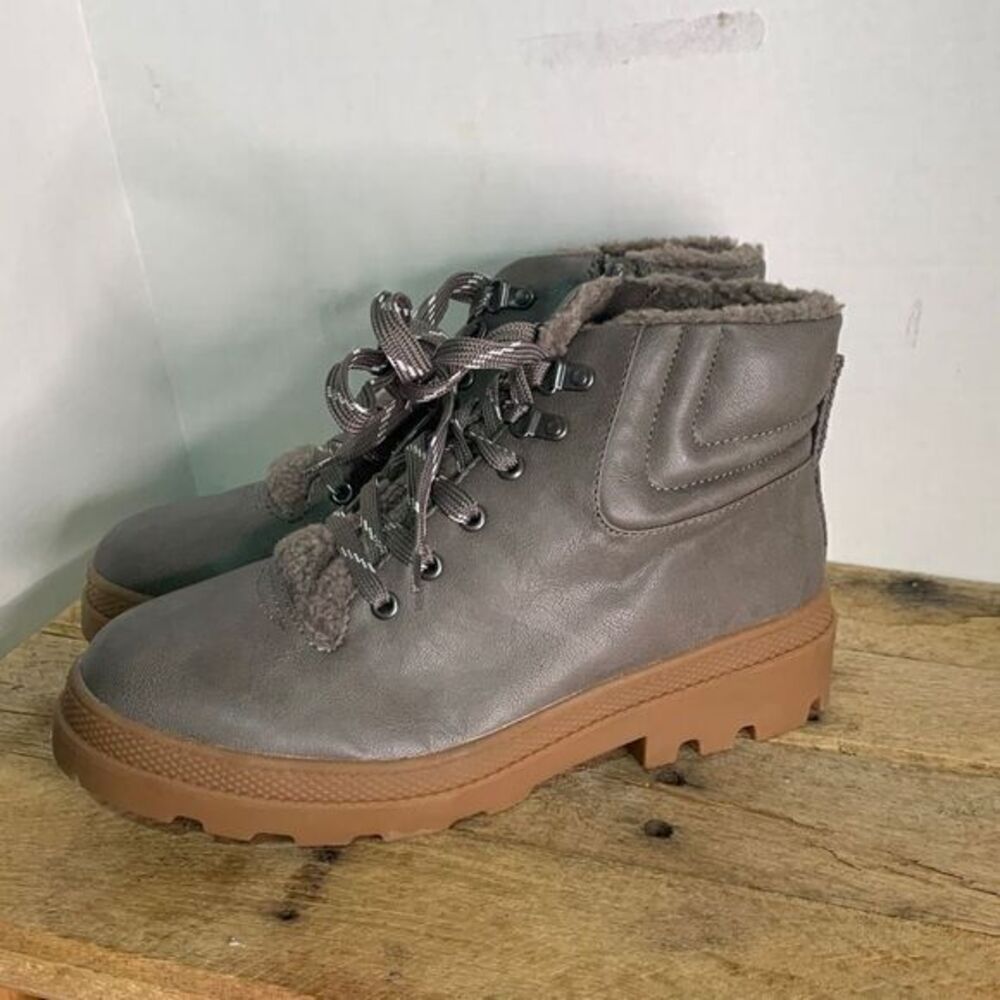 Nordstrom rack grey lug boots lace up side zipper faux Sherpa